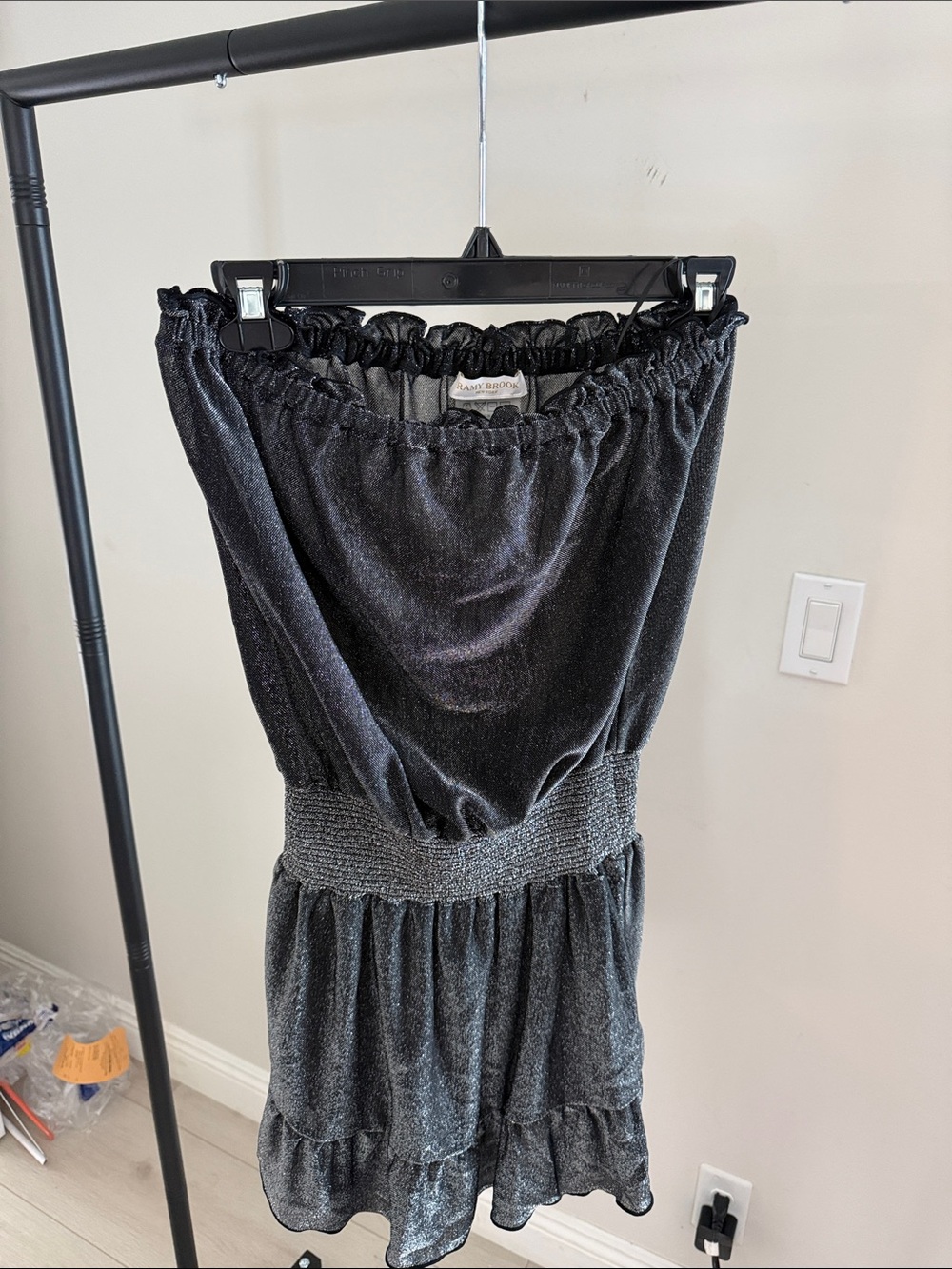 Ramy Brook Black Shimmery strapless Mini dress with Smocked Waist